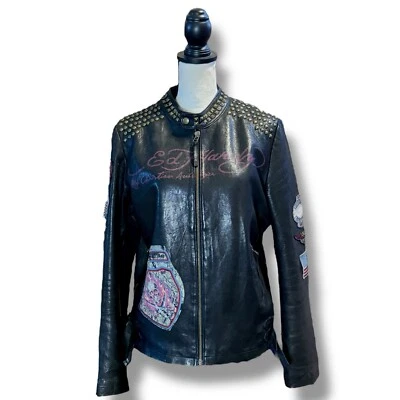 VTG Ed Hardy Moto Jacket Unisex Black Leather Mini Skirt Mob Studded L (W) M (M) - Image 1 of 4