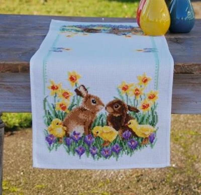 DIY Vervaco Rabbits Chicks Easter Spring Counted Cross Stitch Table Runner Kit - Image 1 of 3