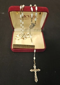 Vintage NOS McVan Sterling Silver & Mother of Pearl Cross Ornate Rosary W/Case - Picture 1 of 12
