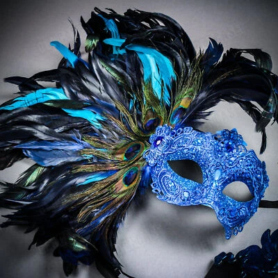 Venetian Couple Party Men Emperor & Women Side Peacock Feather Blue Face Mask - Image 1 of 2