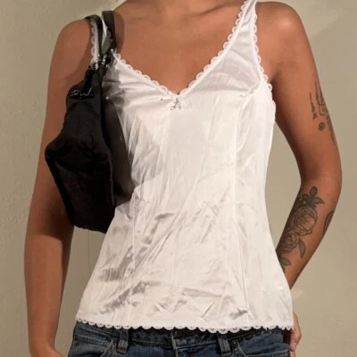 Top Cami Warners Vintage Años 90 Blanco Encaje Satinado Talla 32 Foto 1 de 4