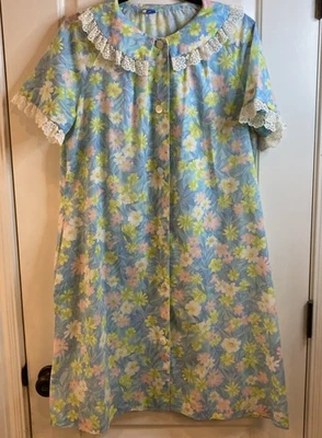 Abrigo de casa vintage de algodón margarita multicolor Sears para mujer M/L bolsillos botones encaje Foto 1 de 4