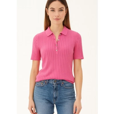 Suéter Allude TAM S rosa 100% cashmere com nervuras manga curta colarinho botões preciosos - Imagem 1 de 4