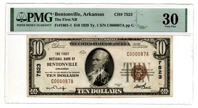 Bentonville, AR - 1929 Ty. 1 The First National Bank Ch. # 7523 PMG VF 30 - Image 1 of 2