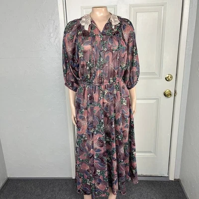 Vintage Anos 70 80 Vestido Floral Jane Simples 11 Festa Dolman Renda Floral A4-15 - Imagem 1 de 4