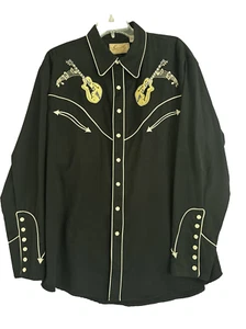 Scully Western Cowboy Shirt Mens Rockabilly Black Pearl Snap Cadillac Guitar LG - Picture 1 of 15