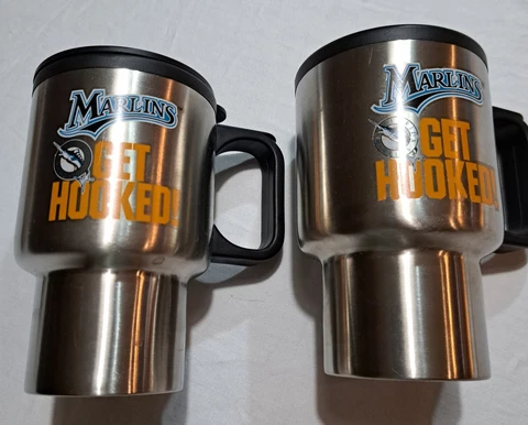 Miami Florida Marlins Get Hooked Coffee Beverage Mugs Lot of 2 One Lid MLB Cover