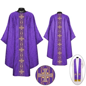 Priest Pastor PURPLE Gothic Chasuble & Stole Set - Embroidered orphreys - Picture 1 of 1