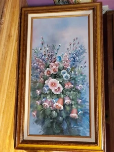 Vintage Signed Oil Painting Flowers Bouquet Canvas 24" x 12" - Picture 1 of 3