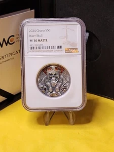 2024 Ghana 1 oz Silver Antiqued Biker Memento Mori NGC MS 70 Antiqued - Picture 1 of 8