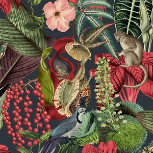 Papel pintado GranDeco Amazon Jungla animales exóticos flores - negro/rojo JF2201 - Imagen 1 de 2