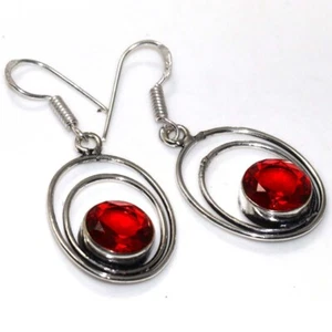 925 Silver Plated Garnet Faceted Round Earrings Jewelry Size 1.7" MJ - Picture 1 of 3