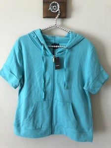 NWT Bebe Womens Size Large Hooded Sweatshirt Short Sleeve Turquoise Blue - Picture 1 of 6