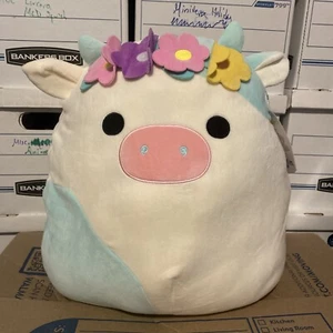 Squishmallows 16” BELANA Blue & White Cow Flower Headband Easter Spring Plush - Picture 1 of 10