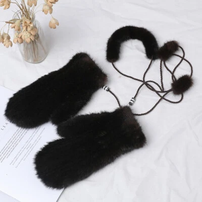 Guantes de piel de visón real para mujer tejidos cálidos muñeca elásticos guantes mangas con cuerda Foto 1 de 4