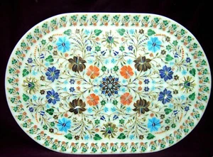 12 Zoll x 9 Zoll Ovale Form Weiß Marmor Serviertablett Intarsien Kunst Luxus ... - Bild 1 von 8