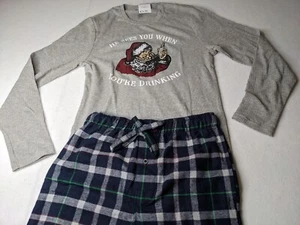 Lucky Brand pajama set Mens Small shirt & pants plaid Santa drinking Christmas - Picture 1 of 17