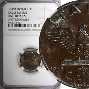 ITALY Victor Emmanuel III Bronze 1936 R 5 Centesimi Eagle NGC UNC DET.KM#73 (7) - Picture 1 of 5