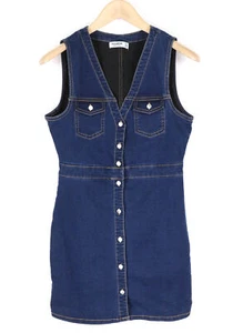 PULL&BEAR Women Dress L Blue Denim V-Neck Logo Sleeveless Pockets Button Short - Picture 1 of 9