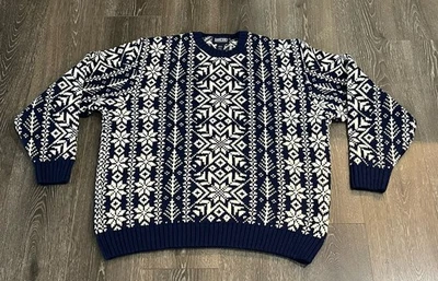 Lands End Mens VTG Blue Cream 100% Wool Nordic Heavyweight Sweater Scotland XL - Image 1 of 4