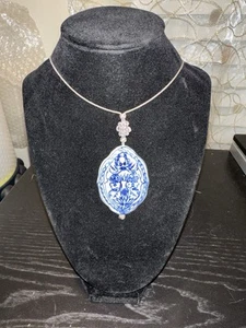 Asian Chinese Knot Porcelain Glass Blue White Double Sided Pendant Necklace - Picture 1 of 4