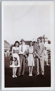 Two Couples, Men & Women, at The Amusement Park, 1940s Era B&W Snapshot Photo - Picture 1 of 2