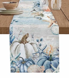 Amoxx Cotton Table Runner Blue 13x70in Fall Coastal Pumpkin Starfish Shells - Picture 1 of 7