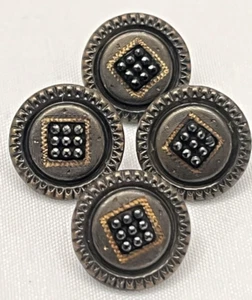 Antique Vintage Set of 4 Square Black Glass Set in Metal Buttons - 1/2" (Q65) - Picture 1 of 5