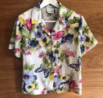 Alfred Dunner Button Shirt Sz 8 White Floral Short Sleeve Blouse - Image 1 of 4