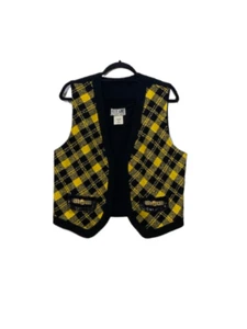 VTG 80s 90s Womens Yellow Black Boucle Plaid Open Front Vest OS Preppy Clueless - Picture 1 of 6