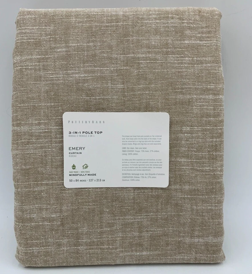 Pottery Barn Emery 50 X 84" Poletop Cotton Lined Drapes Set of 2 Oatmeal