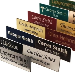 Personalised Engraved Name Badges Various Shape and Colour Magnet or Plastic Pin - Picture 1 of 4