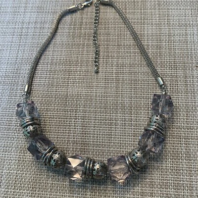 "Collar gargantilla de cadena de malla con cuentas de filigrana Lucite grueso tono plata 17-20""" Foto 1 de 4