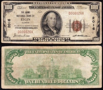 Nice SCARCE 1929 $100 ELGIN, IL National Banknote! FREE SHIPPING! D000026A - Image 1 of 3