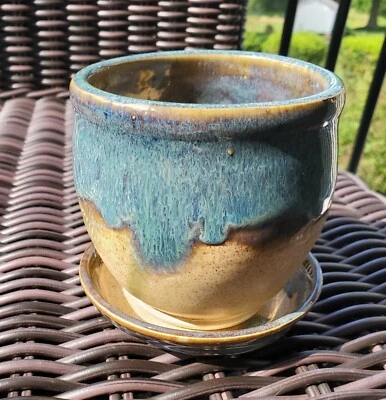 Maceta suculenta ARTISAN pequeña de cerámica con flores, gres hecha a mano, azul  Foto 1 de 4