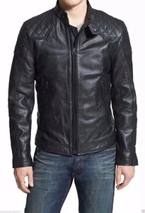 Men 100% Real Lambskin Leather Soft Jacket Black Biker Motorcycle Quilted Jacket - Picture 1 of 3