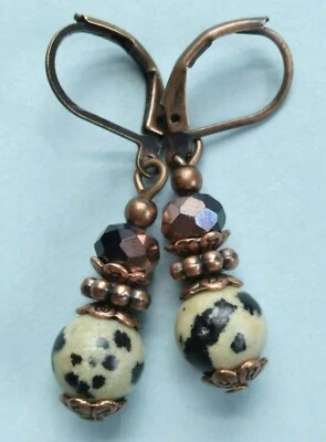 Pendiente DALMATION JASPE Cristal Negro COBRE PALANCA Hecho a Mano Foto 1 de 4