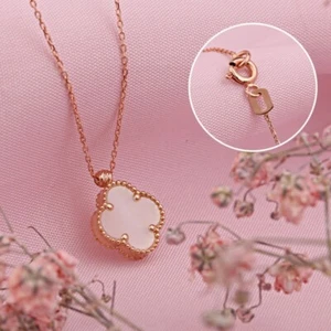 Rotgold 585 Collier Halskette Blume Klee mit Perlmutt Rose Gold Neu 42 cm - Bild 1 von 2