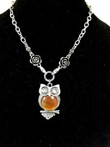 NEW ANTIQUE SILVER TONE LARGE OWL SHAPED NATURAL STONE,RHINESTONE CHARM NECKLACE