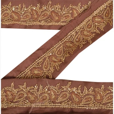 Borde de sari vintage con cuentas a mano de 1 yarda adornos indios costura encaje marrón Foto 1 de 4