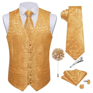 Mens Paisley Vest Tie Set with Lapel Pin Tie Clip 7PCS Silk Woven X-Large Gold - Picture 1 of 5