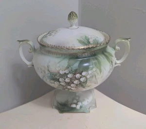 RS Prussia Fine Porcelain Hand Painted Lily Of The Valley Candy Dish With Lid - Picture 1 of 10