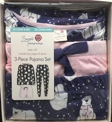 NOVO Conjunto de Pijama Secret Treasures 3 Peças 3X/22W - 24W Ursos ~ Calças Top Shorts  - Imagem 1 de 4