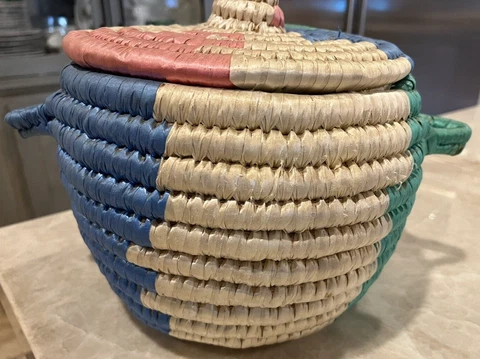 VINTAGE Handmade 10 inch Pink, Turquoise, cream Coil Woven Basket & Coil Lid Cover