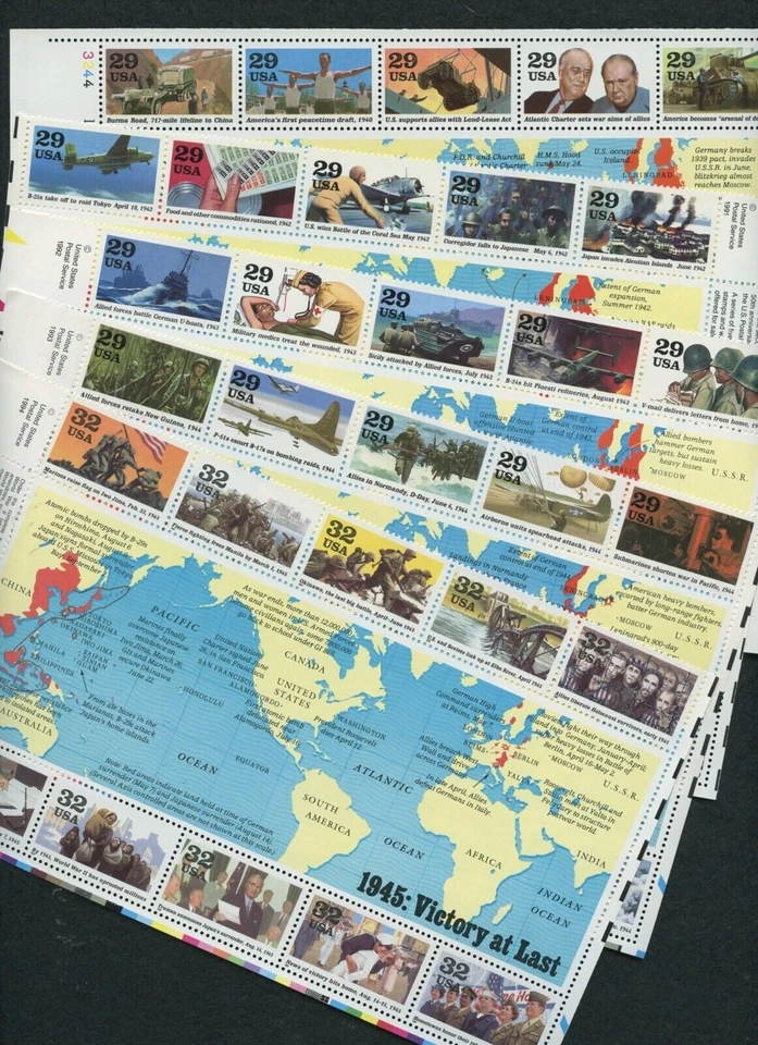 SFSTAMPS US Sc 2559 2697 2765 2838 2981 World War II 1941-5 Set 5 Sheets/10 MNH - Image 1 of 1