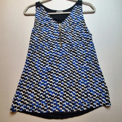 Express Womens Sleeveless Top Shirt Small Black Blue Print 1/4 Zip Solid Back - Image 1 of 4