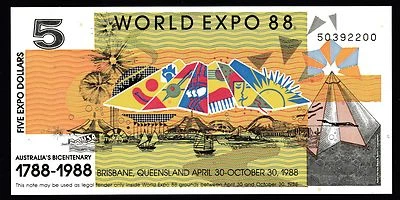 1988 WORLD EXPO $5.00 AUSTRALIAN BANK NOTE - MINT UNCIRCULATED - image 1 of 2