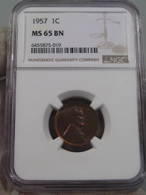 BU Rainbow/Pinkish Toned 1957 Lincoln Penny NGC MS65BN. #71 - Image 1 of 4