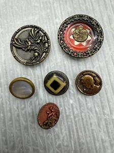 antique shank Picture Button LOT/6 bakelite mother of pearl brass Roman Soldier - Picture 1 of 13