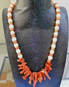 Stunning Unique Vintage Mediterranean Salmon Coral Lovely White Pearl Necklace  - Bild 1 von 12